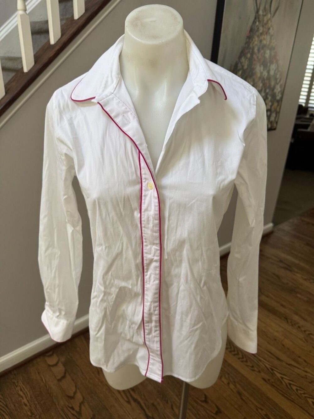 The Shirt by Rochelle Behrens White Cotton Pink Piping Shirt Size XS